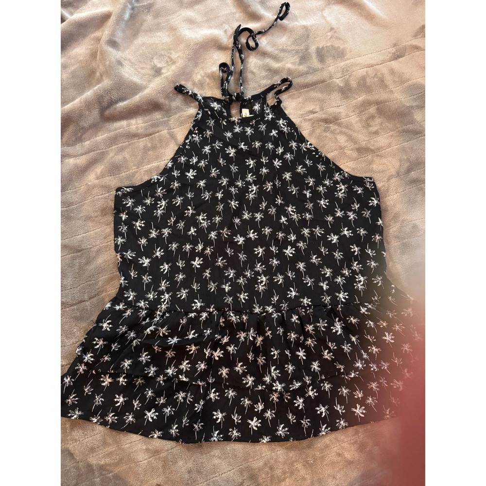 Lily White Halter Top Black White Palm Tree Print Peplum Tiered Sleeveless Small